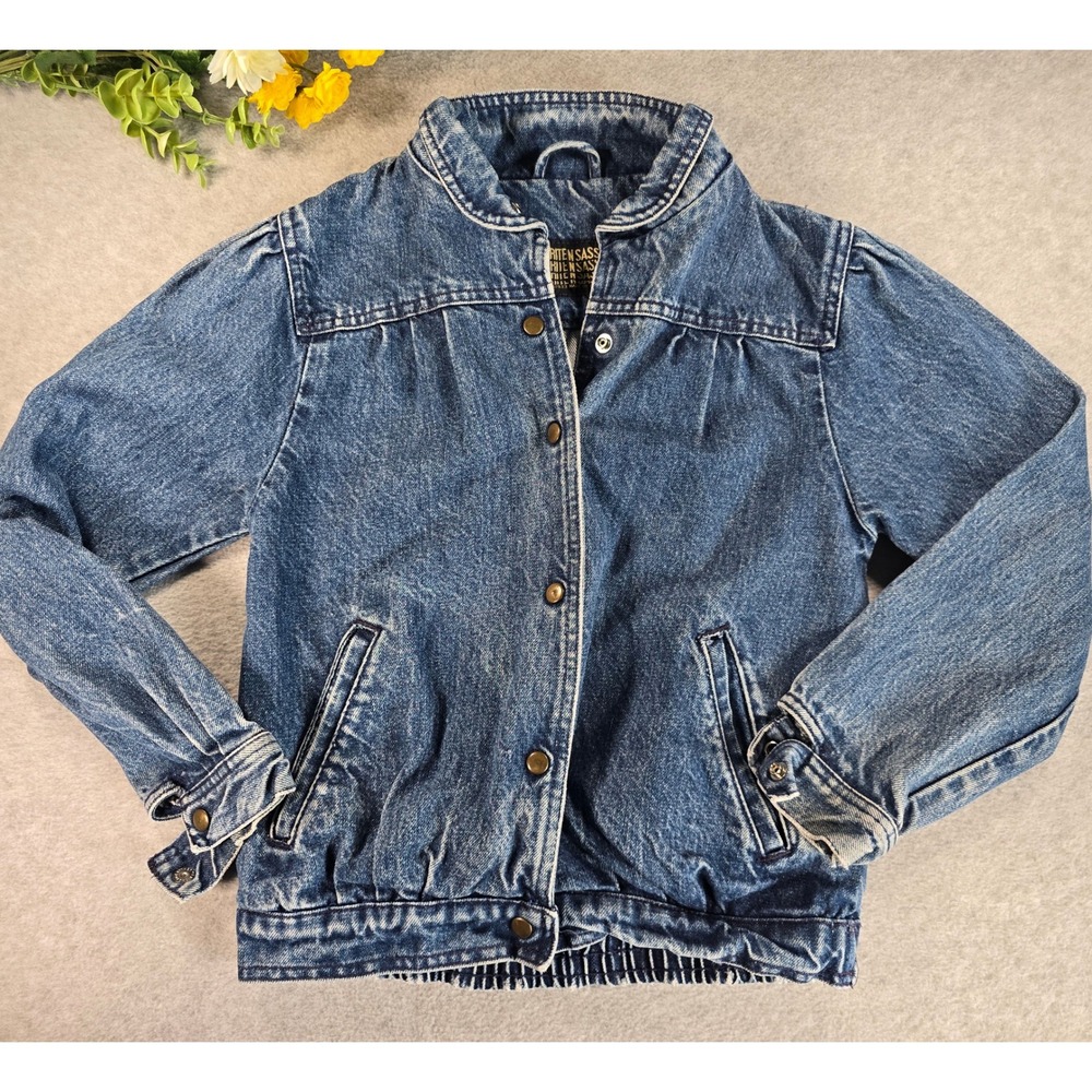 Brite N Sassy Denim Jacket Girls 10 Blue Vintage 80s Puff Sleeve Bomber Style